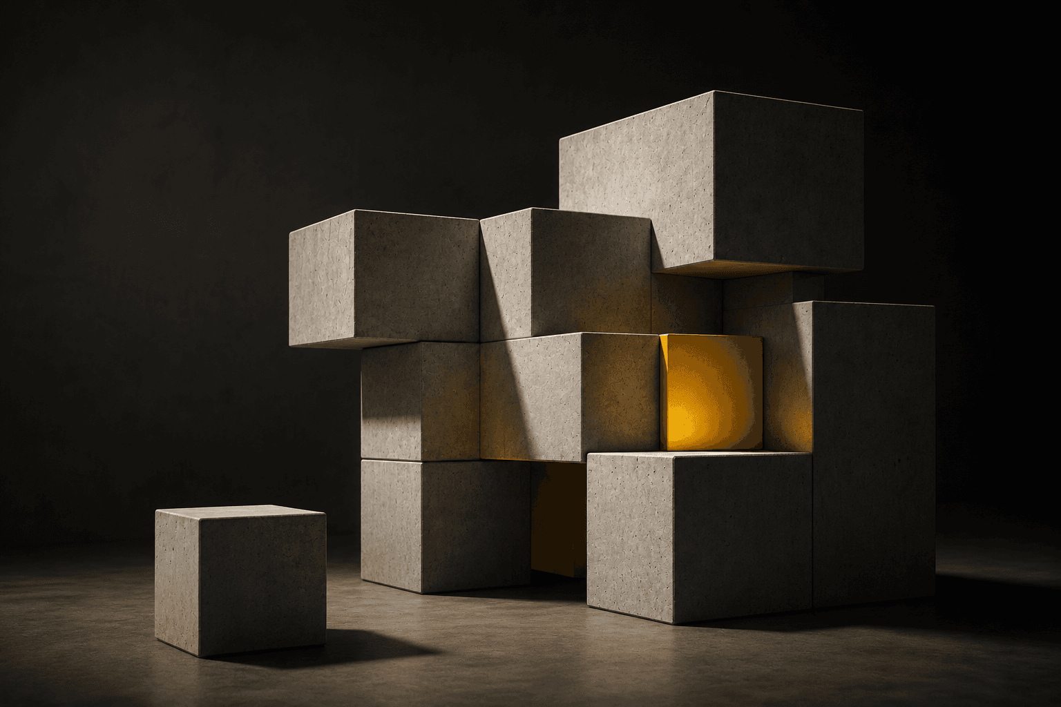 Bloques modulares con un cubo amarillo como representacion visual de software a medida