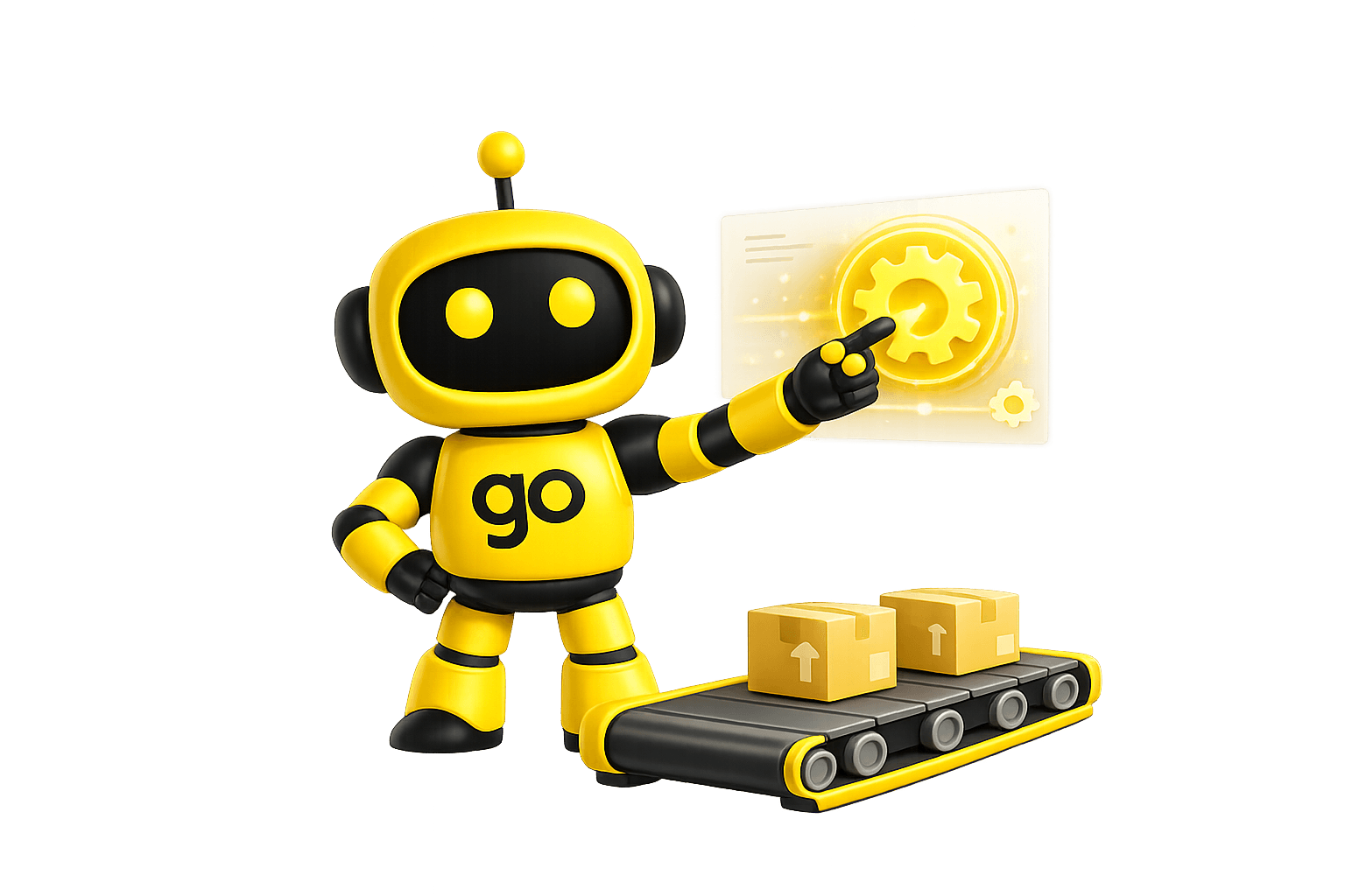 Robot GoPrime con interfaz y cinta de automatización — IA y automatizaciones